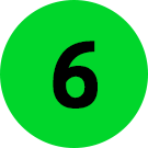 Illustration of black number 6 with rounded edges, green background in list format.