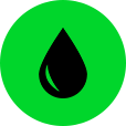 Illustration of a black drop icon on green rounded background.