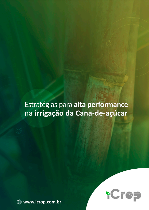A imagem revela a capa do e-book "Estratégias para alta performance na irrigação da cana-de-açúcar", uma valiosa obra que aborda técnicas avançadas, estratégias eficazes e conhecimentos especializados para otimizar a irrigação no cultivo de cana-de-açúcar.